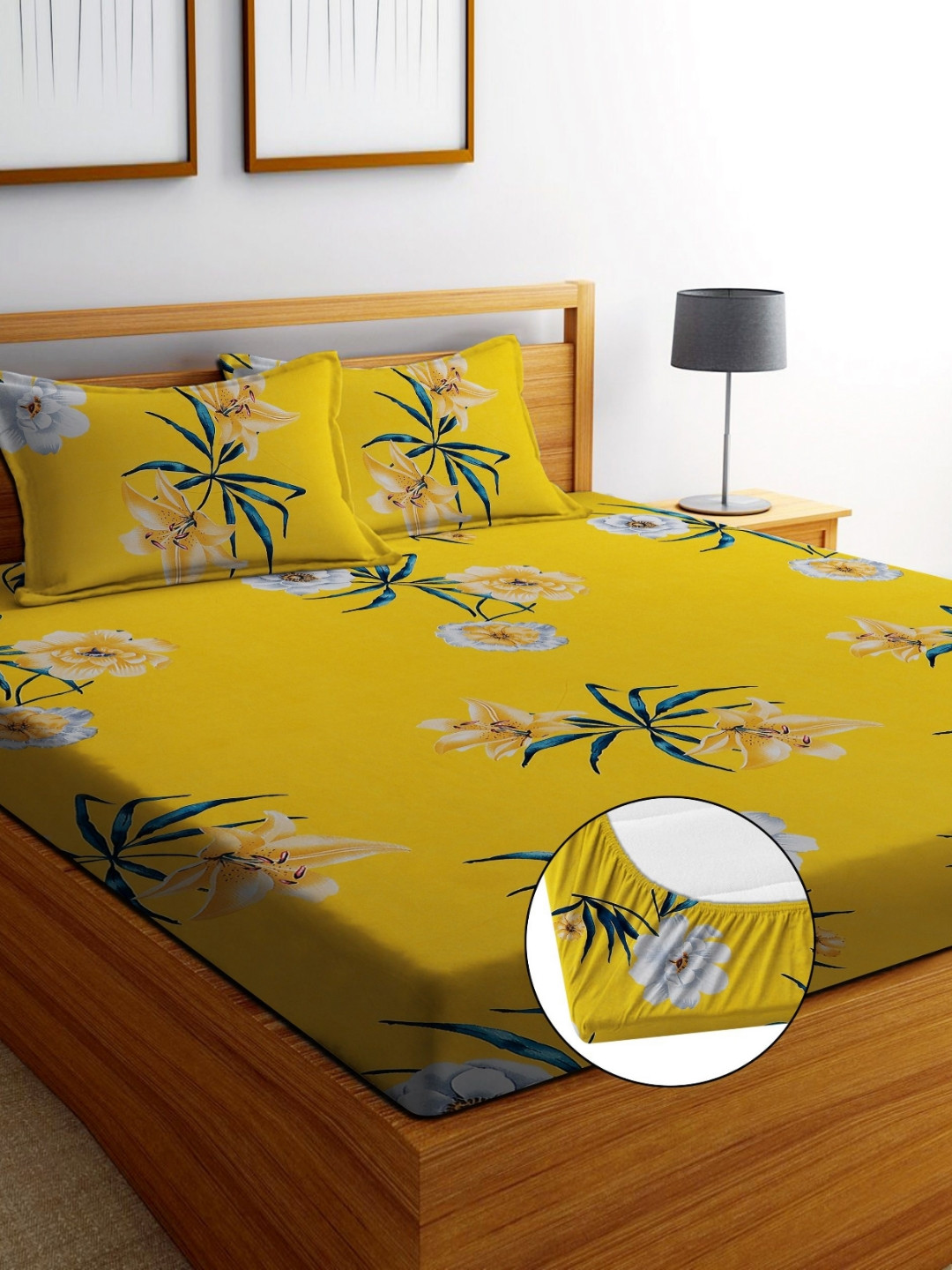 EXFAB Yellow Floral Cotton 240 TC Fitted King Fine Bedsheet with 2 Pillow Covers-6 x 9 inches