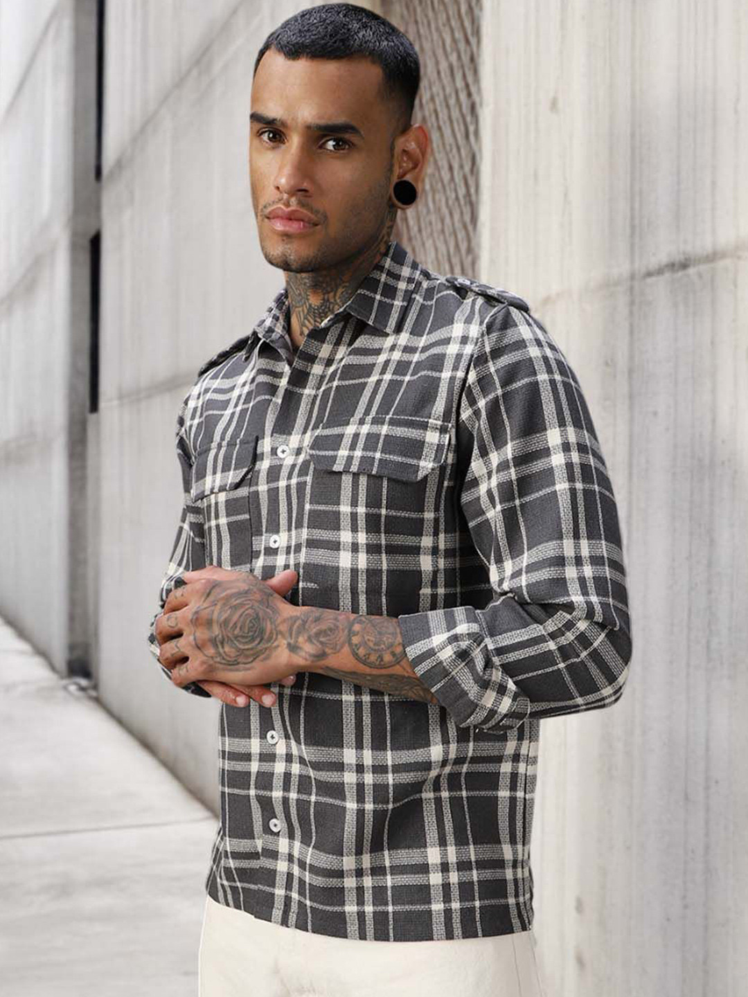 High Star Men Releaxed Fit Tartan Checks Textured Checked Utility Casual Shirt