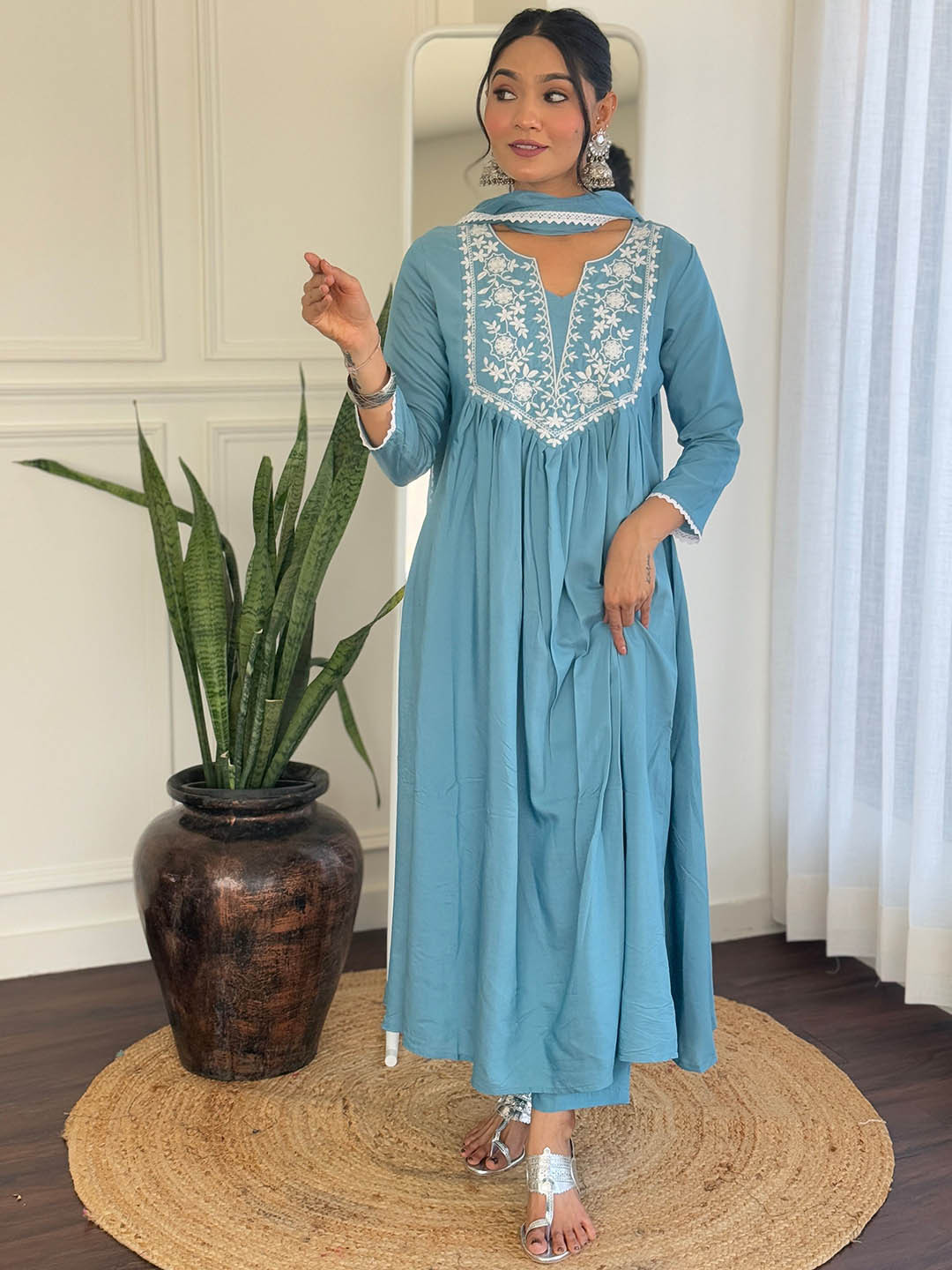 KALINI Floral Thread Work Notch Neck A-Line Kurta with Trousers & Dupatta