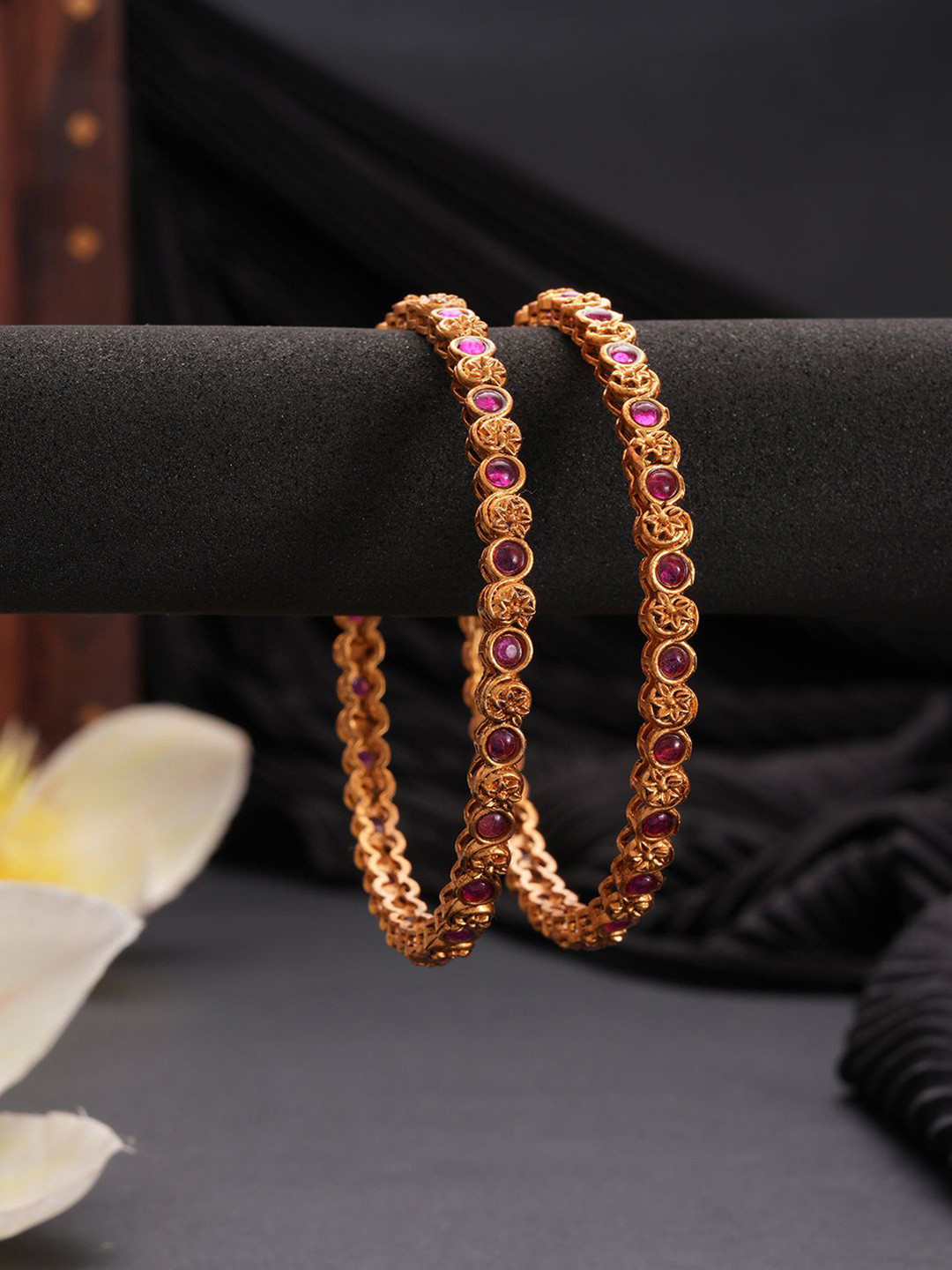 Jazz and Sizzle Set Of 2 18K Gold-Plated Ruby Studded Bangles