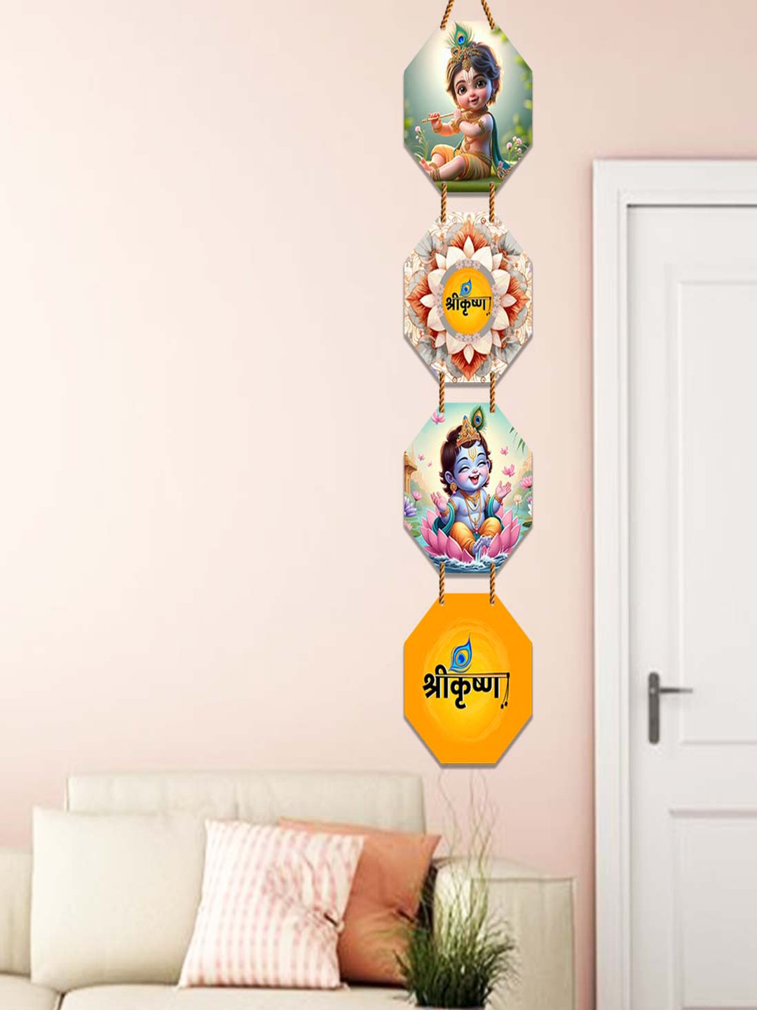 WallDaddy Yellow & Green Little Krishna Printed Spiritual Wooden Wall Hanging