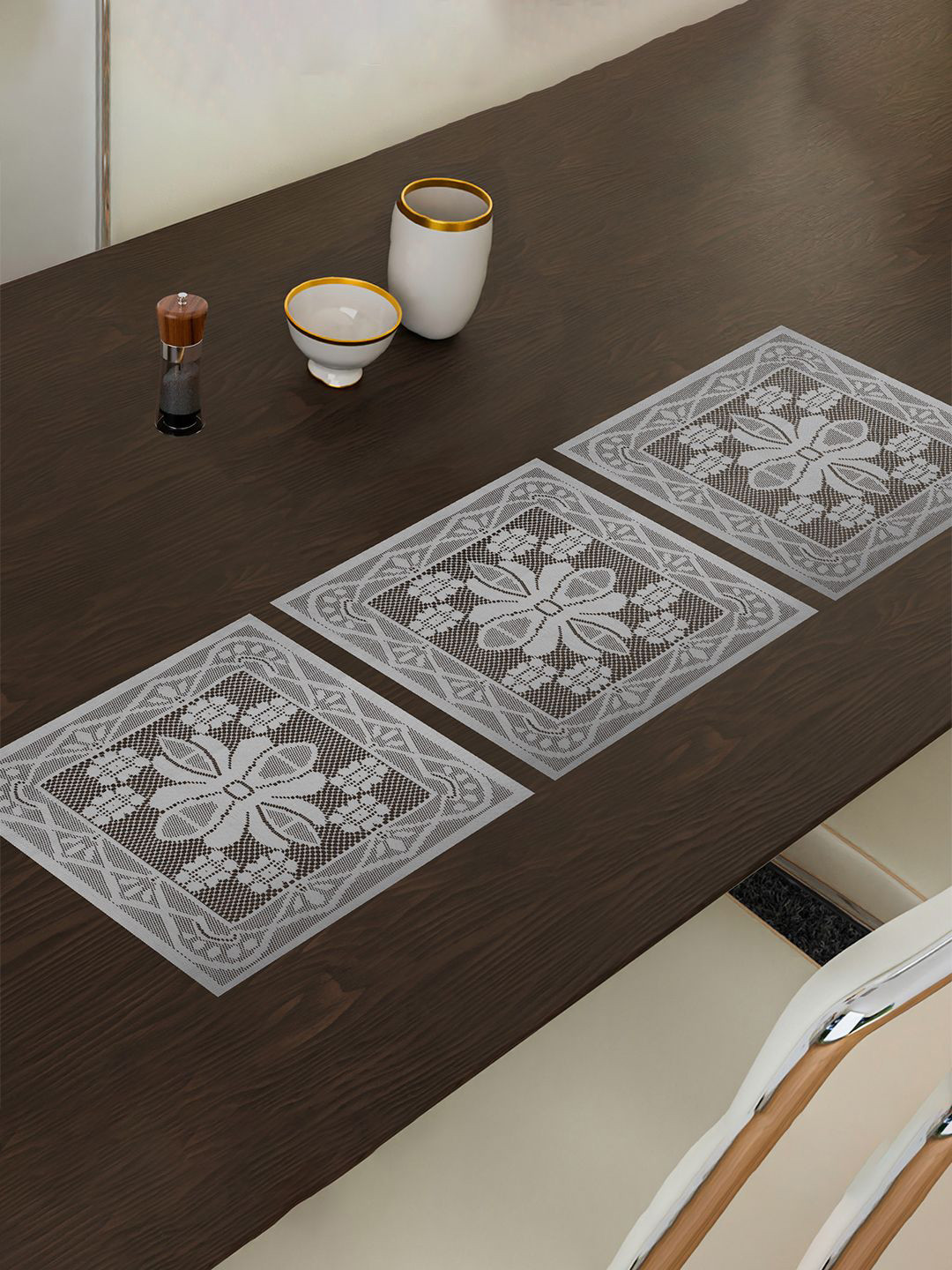 Kuber Industries White 3 Pieces Floral Cotton Square Net Table Placemats