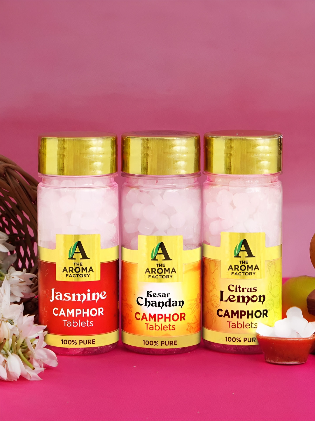 The Aroma Factory 3 Pieces Jasmine, Kesar Chandan & Citrus Lemon Camphor Box