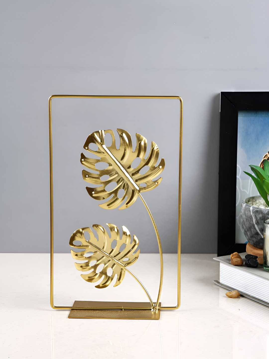 TAYHAA Rectangle Frame with Monstera Leaves Gold Metal Metallic Living Room Medium Showpiece - 9.4 Inches
