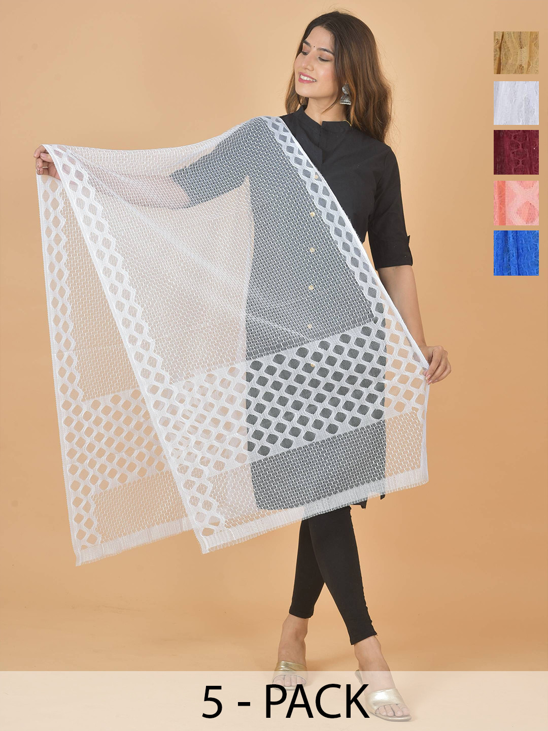 LA FEMINAE Selection Of 5 Geometric Woven Design Dupattas