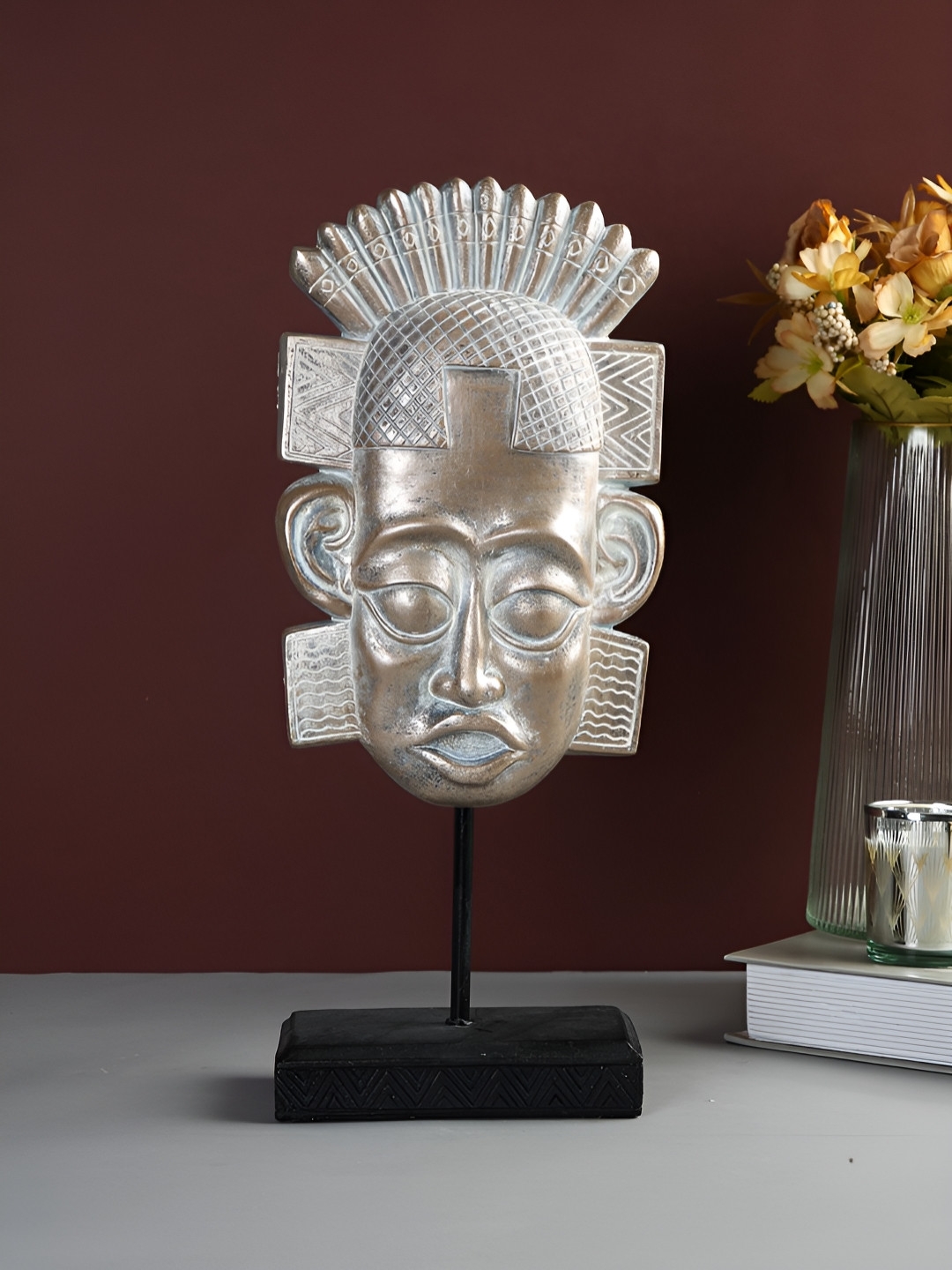 TAYHAA Tribal Warrior Mask Silver Polyresin Metallic Living Room Medium Showpiece - 13.6 Inches