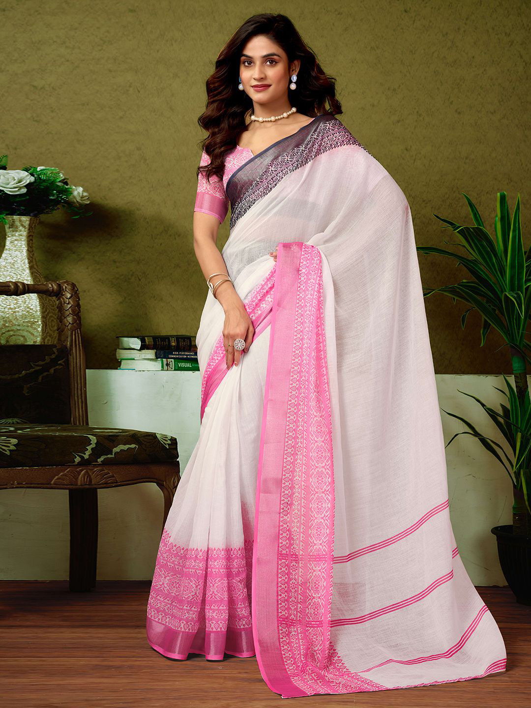 Sangria Striped Printed Pure Linen Ready To Wear Saree With Unstitched Blouse