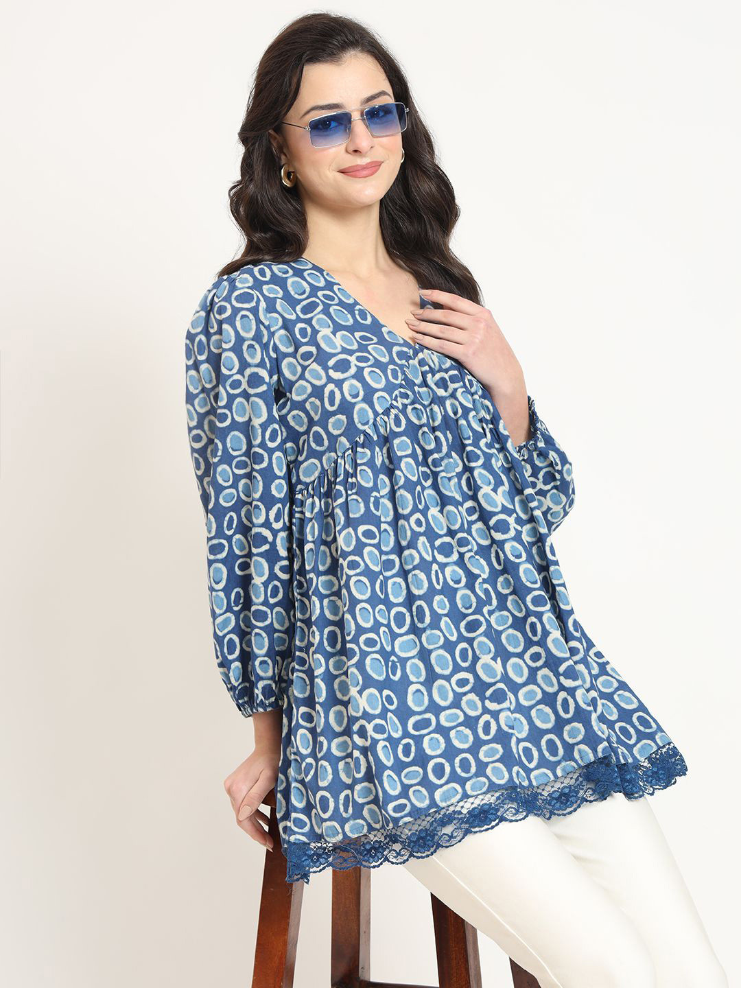 KALINI Polka Dot Print Bell Sleeve Indigo Cotton Peplum Top