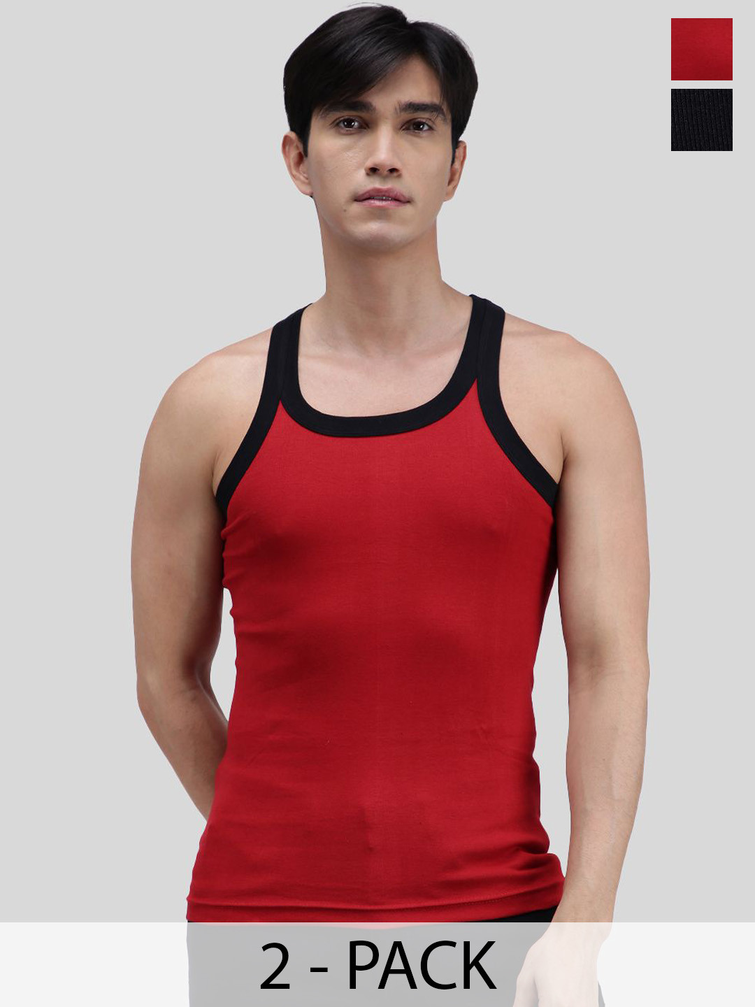 AMUL COMFY Pack Of 2 Pure Cotton Gym Innerwear Vests AC-GVEST-RD-BK-XS-2PC