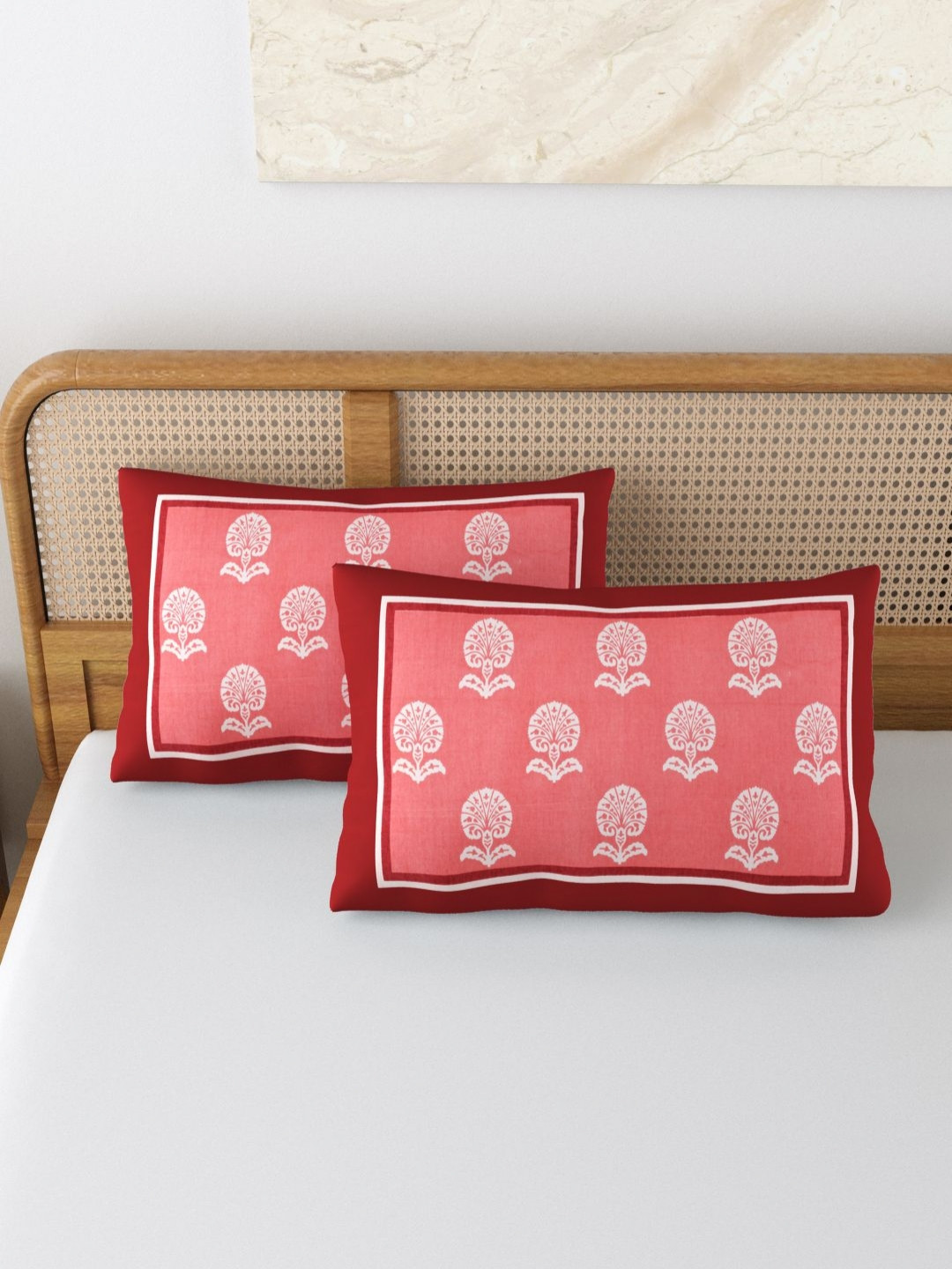 BLOCKS OF INDIA Red & White 2 Pieces Printed Pure Cotton Rectangle Pillow Covers