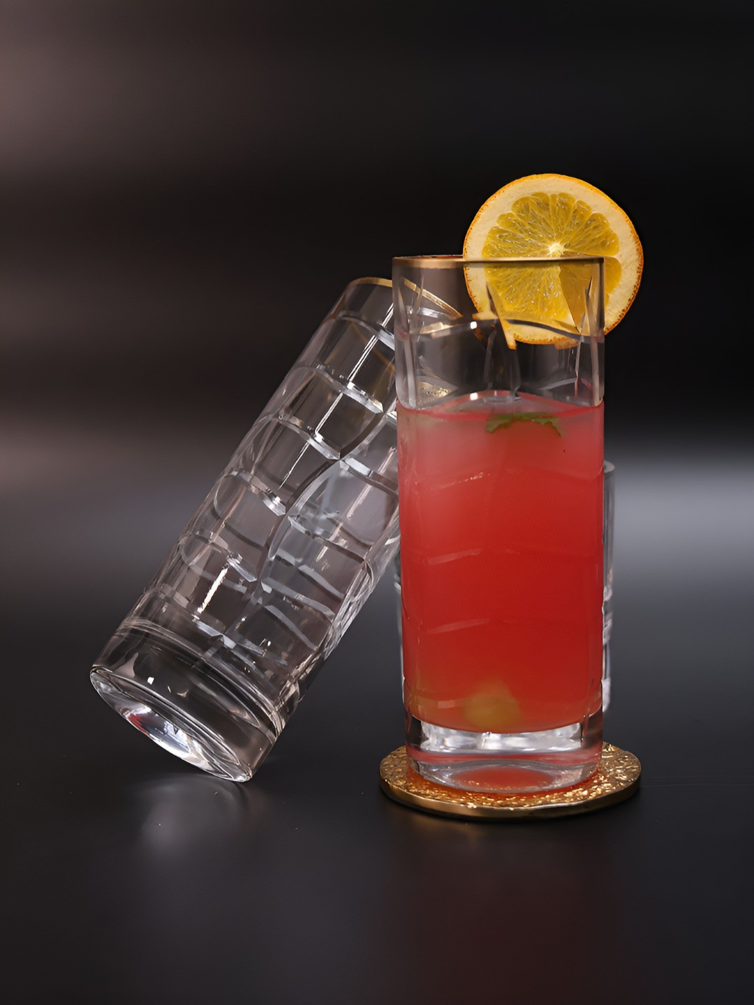 SMOKEY COCKTAIL Transparent Set of 2 Crystal Square Gold Rim Tall Cocktail Glass