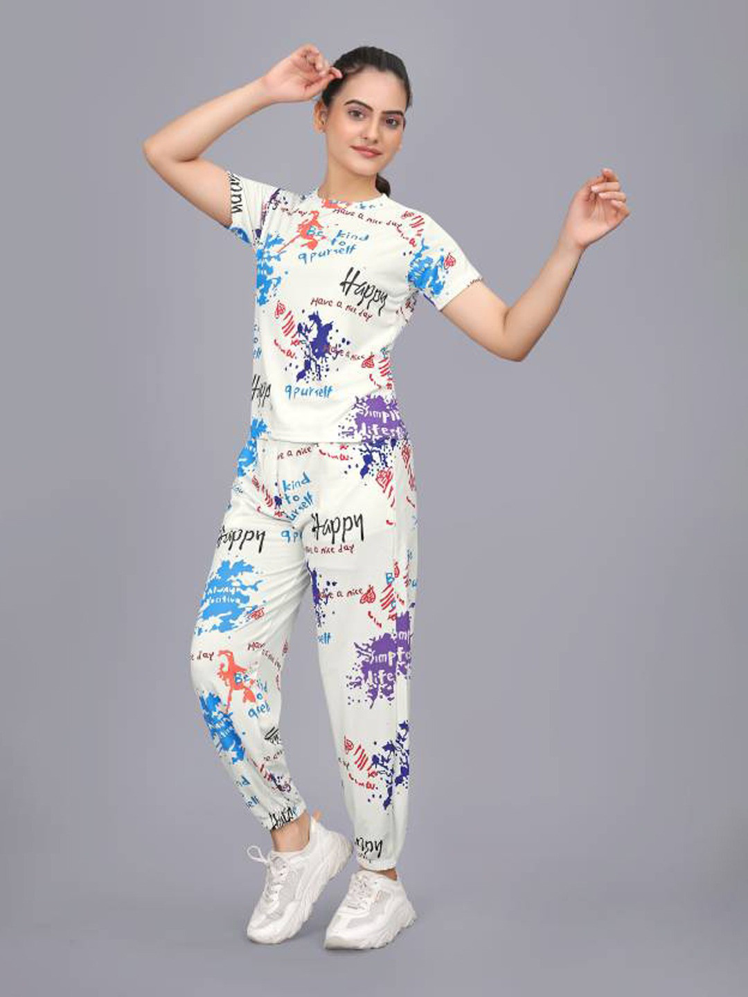 styledose Happy Holi Printed Round Neck T-Shirt With Joggers