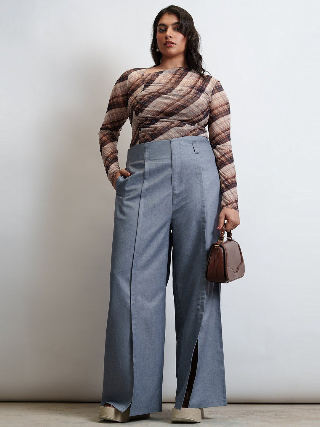 FREAKINS Women Plus Size Shale Grey Curve Flared Korean Pants