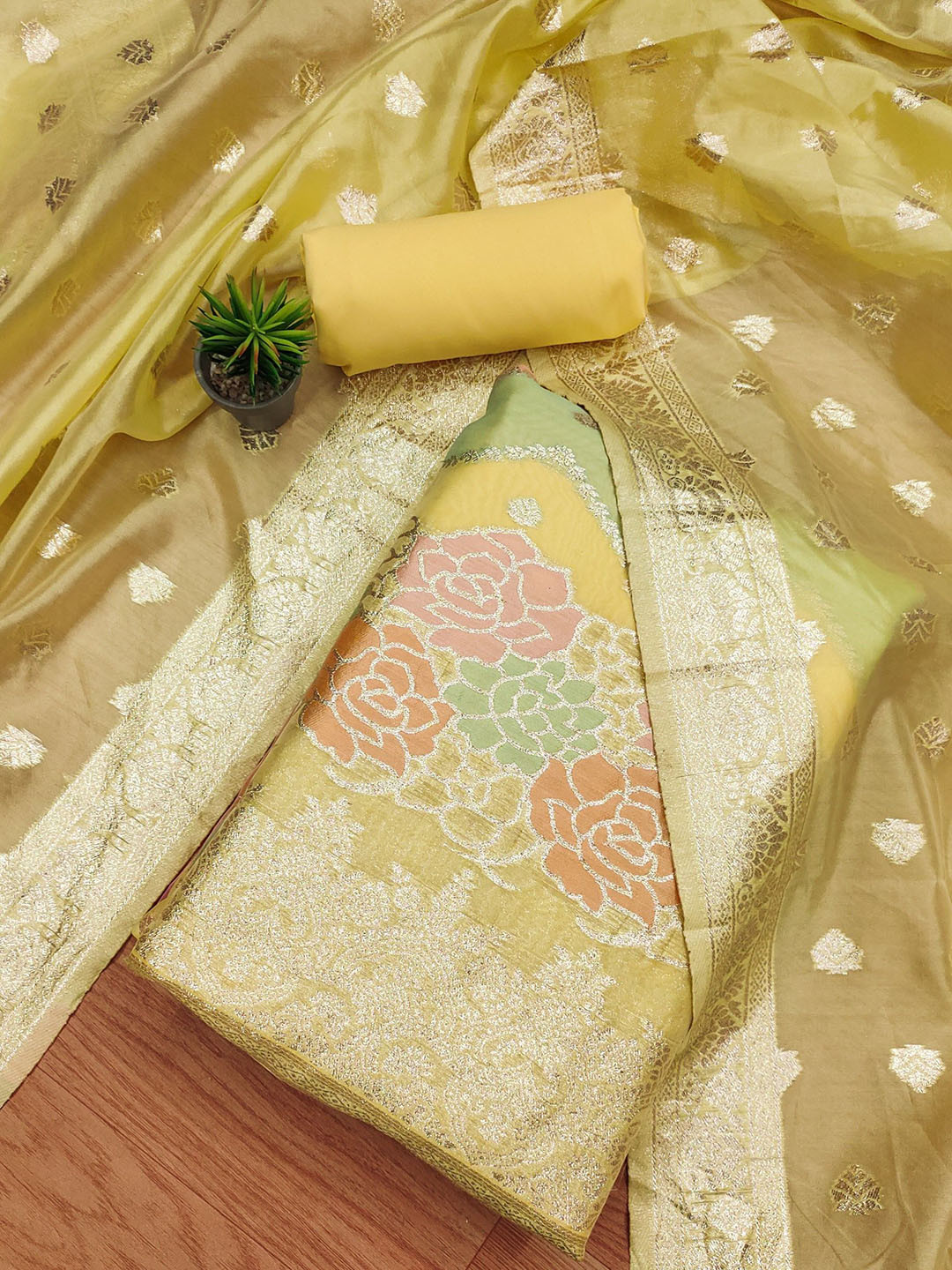 Rangtulika Ethnics Floral Woven Design Zari Work Organza Unstitched Dress Material
