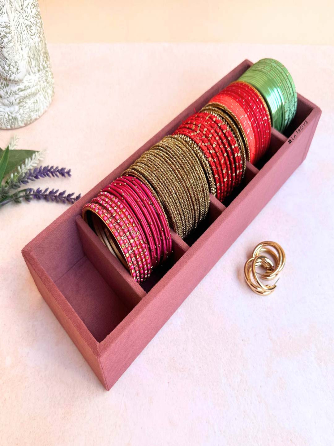 La Trove Pink Premium Velvet 6 Slots Kada Tray Drawer Organisers