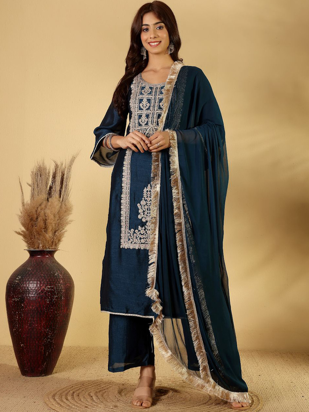 House of Pataudi Floral Embroidered Scoop Neck Zari Straight Kurta With Trousers & Dupatta