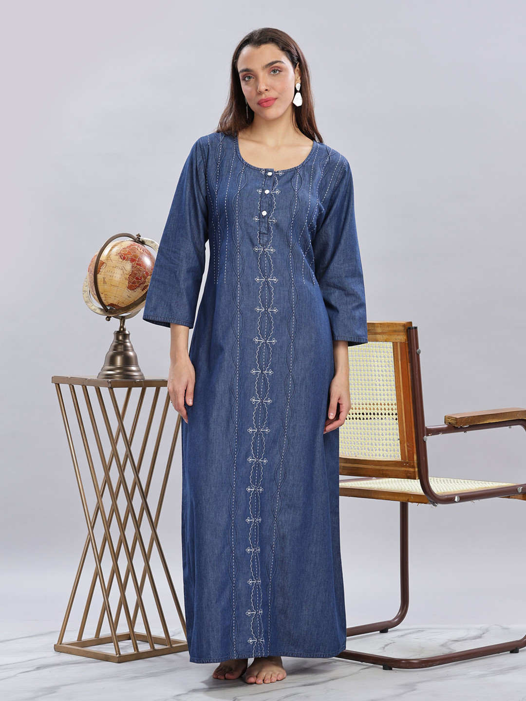 9shines Label Plus Size Floral Embroidered Cotton Denim Maxi Nightdress