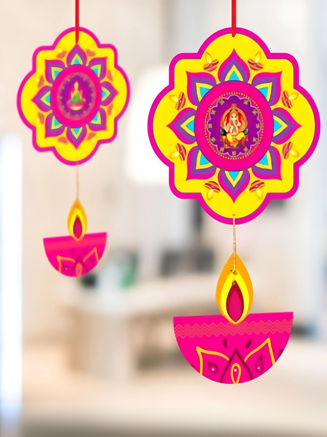 Special You Pink & Yellow 5 Pieces Printed Diya Hanging Festive Decors
