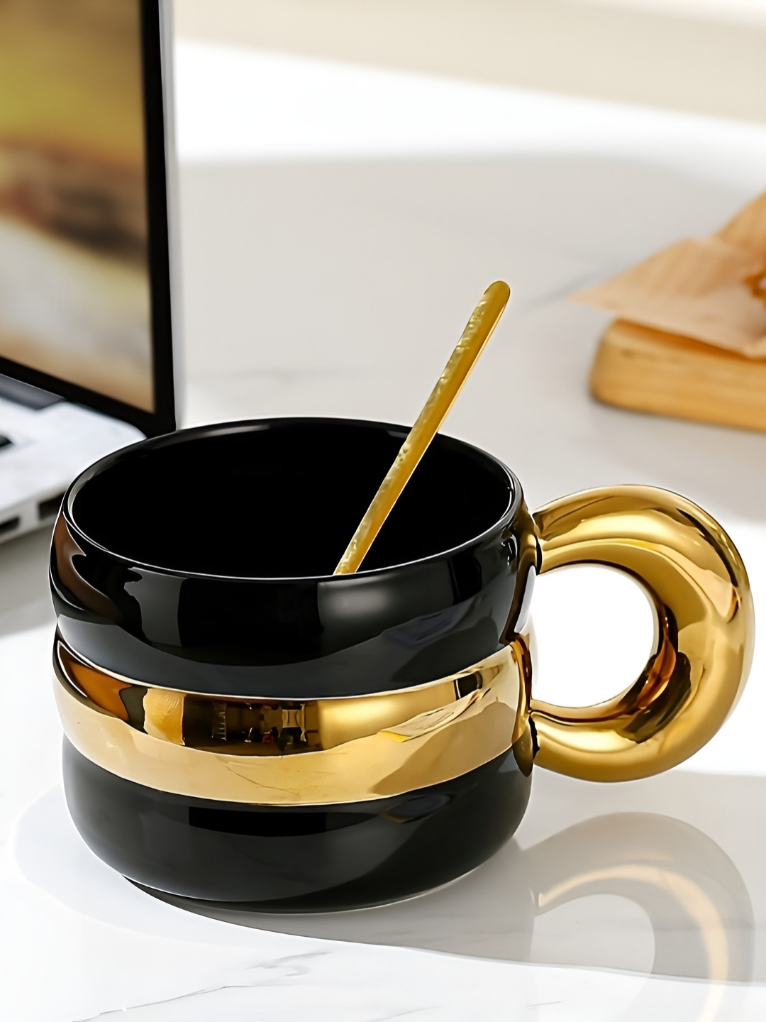 BonZeaL Black Ceramic Microwave Safe Mug with Spoon-380ml