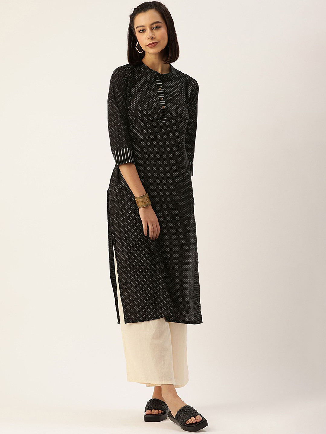 KALINI Polka Dot Printed Three-Quarter Sleeves Pure Cotton Straight Kurta