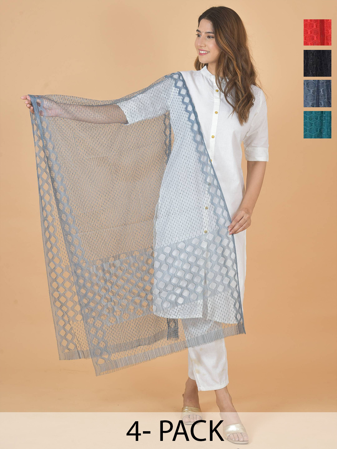 LA FEMINAE Selection Of 4 Geometric Woven Design Dupattas