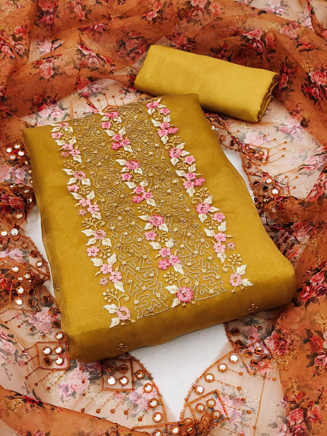 Rangtulika Ethnics Floral Embroidered Sequinned Organza Unstitched Dress Materiala