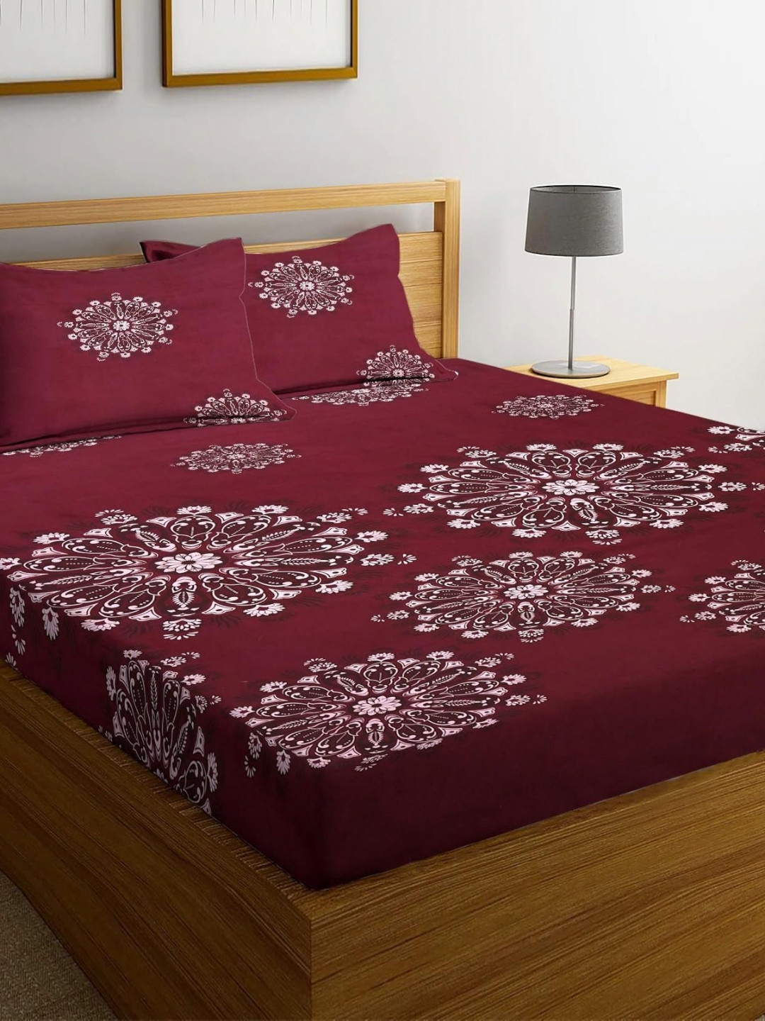 THE little BIG STORE Maroon Floral Cotton 260 TC Fitted King Fine Bedsheet with 2 Pillow Covers-72 x 78 inches