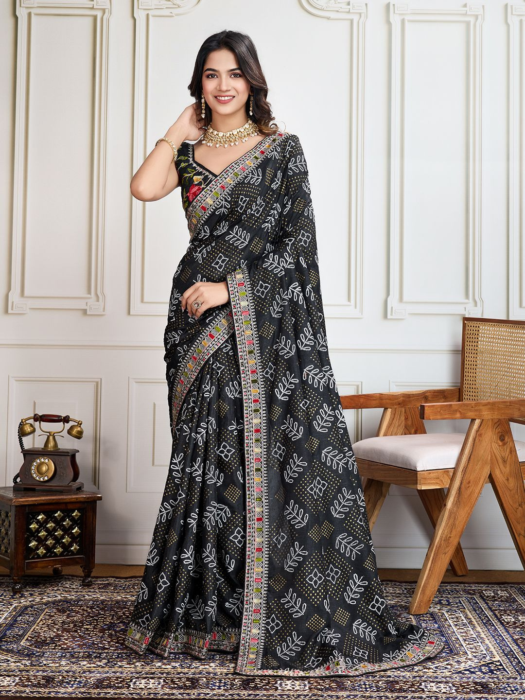 House of Pataudi Panetar-2 Bandhani Printed With Embroidered Saree With Unstitched Blouse