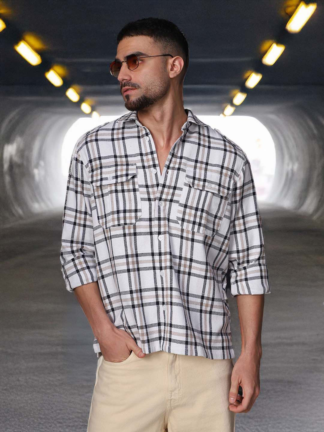 High Star Men Releaxed Fit Tartan Checks Textured Checked Utility Casual Shirt