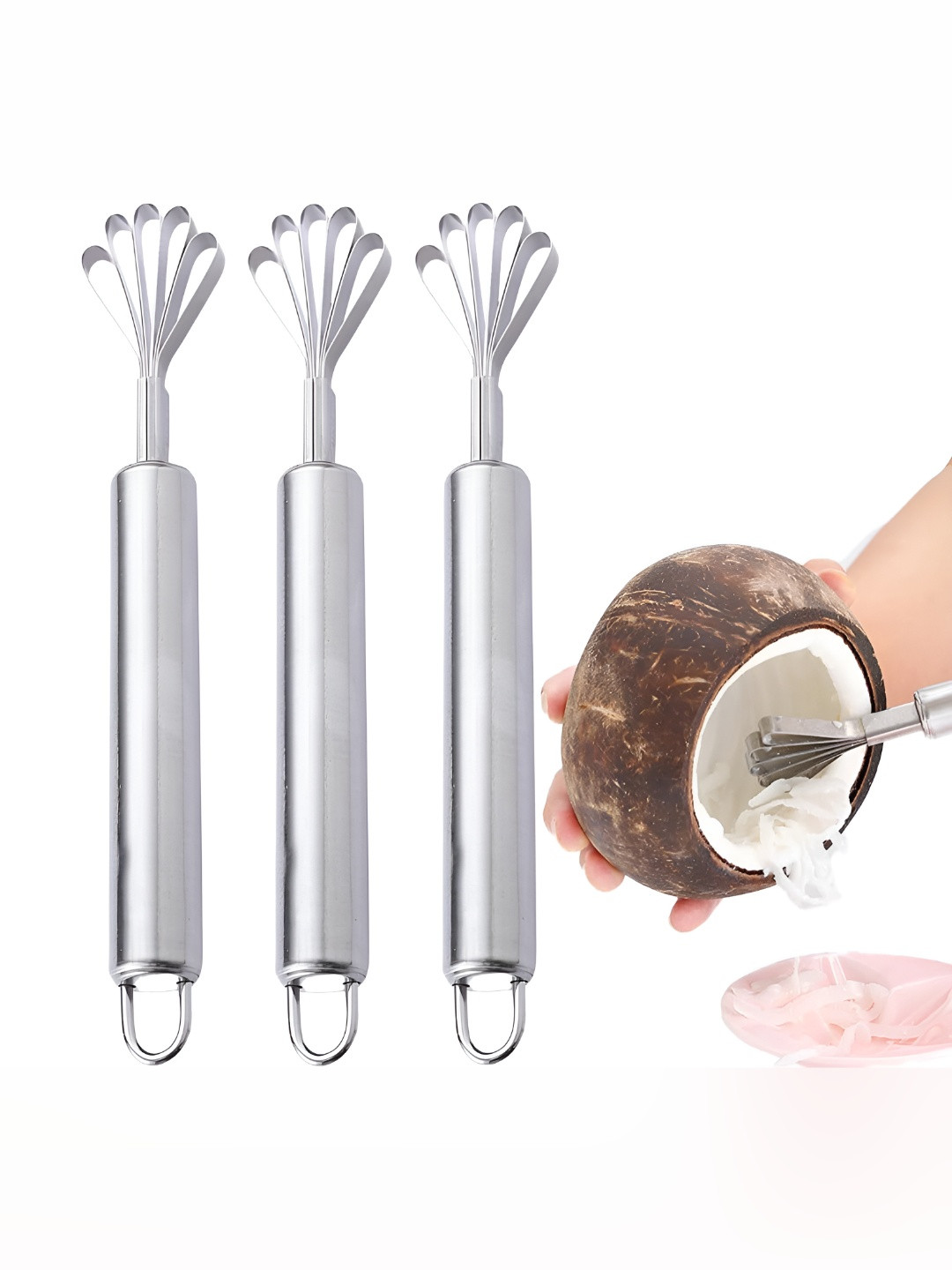 Baskety Silver-Toned 3 Pieces Stainless Steel Coconut Scraper Meat Removal Peeler