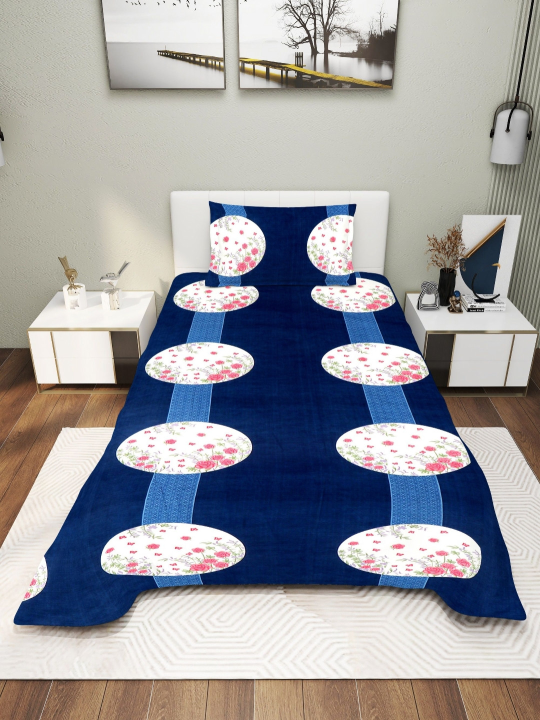 EXFAB Gola_Sb Pink Floral Cotton 240 TC Single Fine Bedsheet with a Pillow Cover-150 x 220 cm