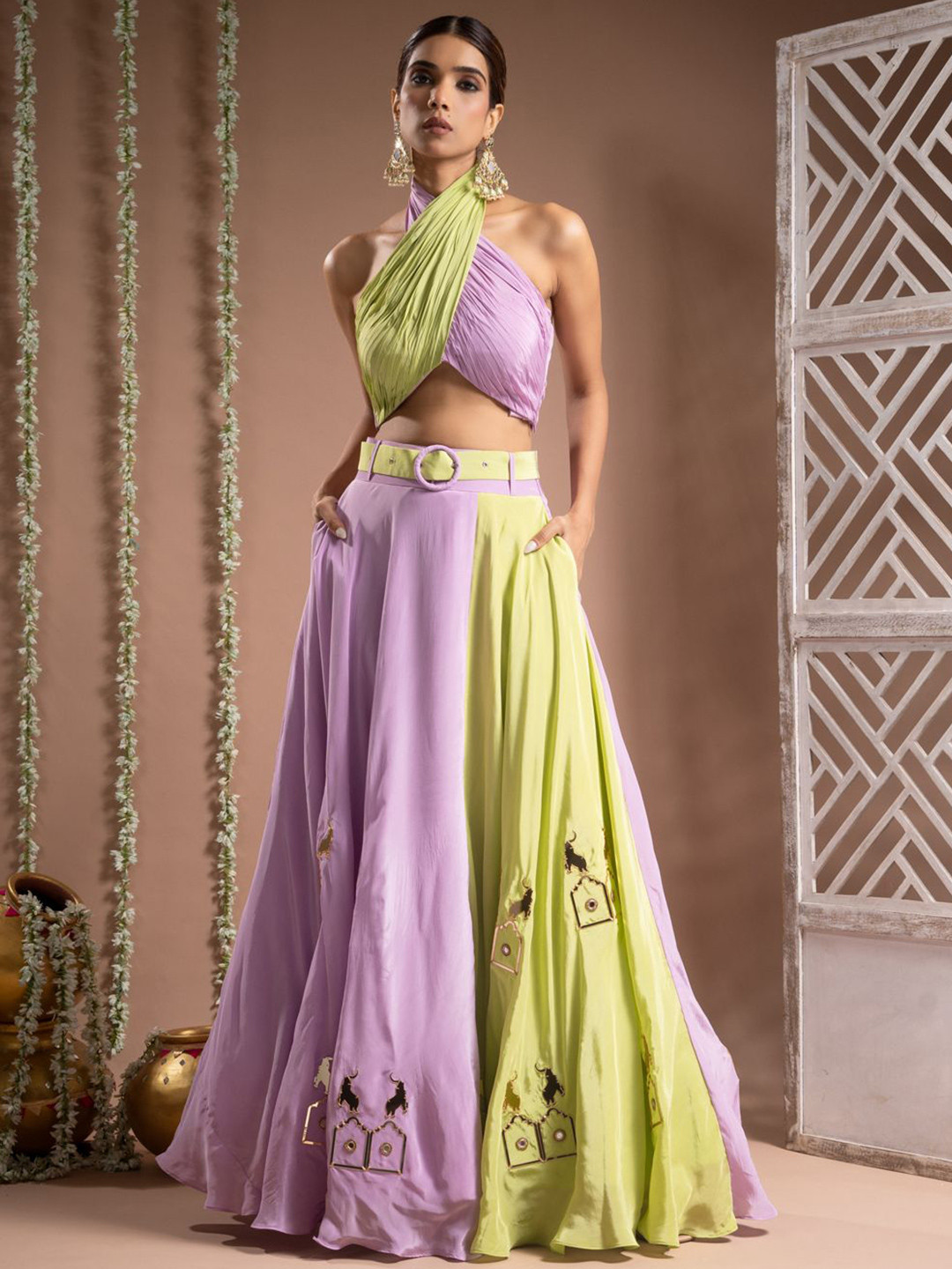 AHI Clothing Colourblock Halter Neck Choli And Lehenga With Belt