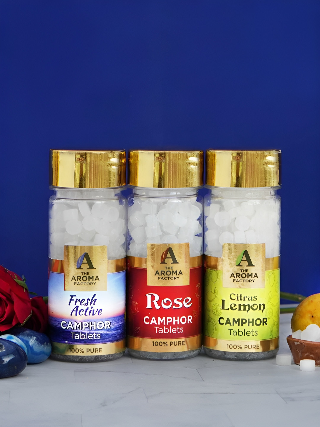 The Aroma Factory 3-Pcs Fresh Active, Rose & Citrus Lemon Camphor Box
