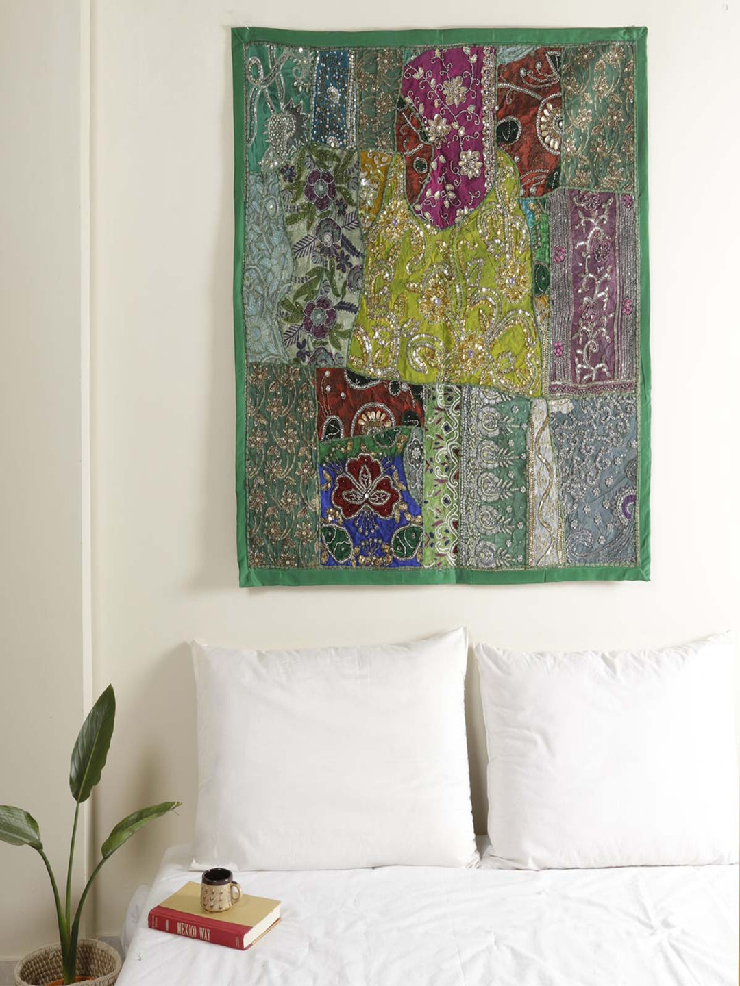 HANDICRAFT PALACE Green & Yellow Embroidered Beaded Patchwork Wall Hanging