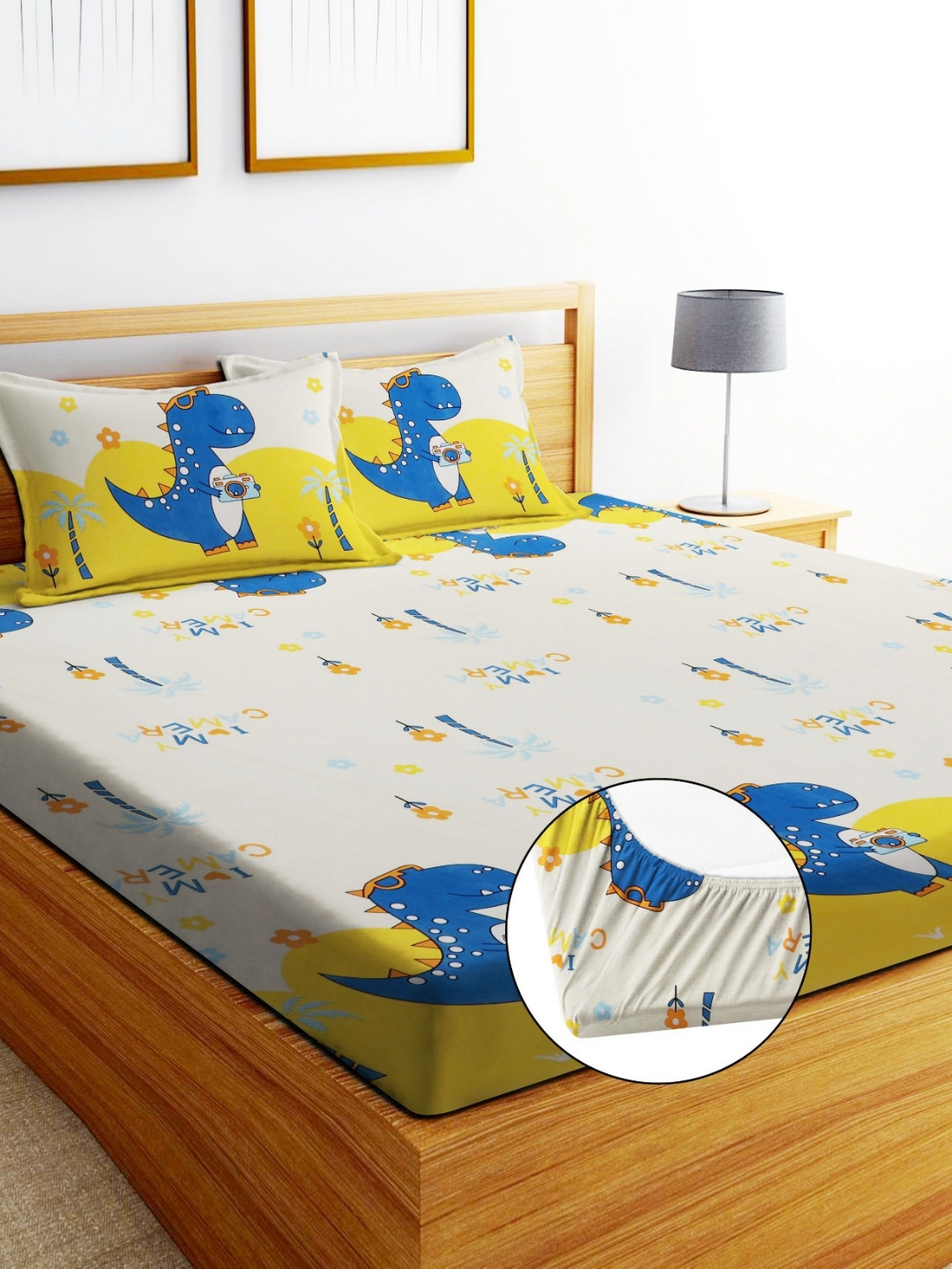 EXFAB Yellow Cartoon Characters Cotton 240 TC Fitted King Fine Bedsheet with 2 Pillow Covers-108 x 98 inches
