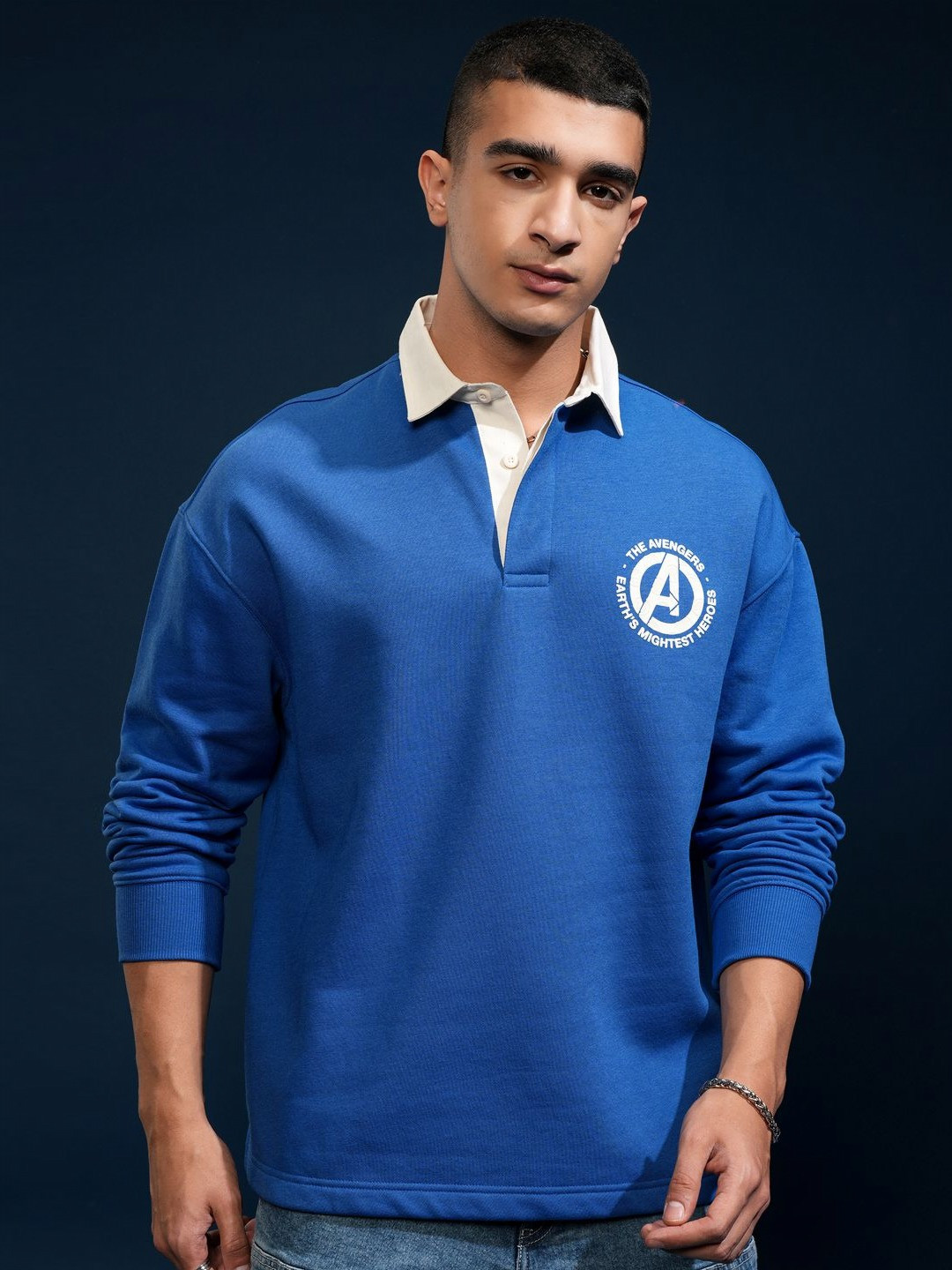 HIGHLANDER Marvel Men Avenger Oversized Drop Shoulder Hidden Placket Contrast Twill Polo Collar Tshirt