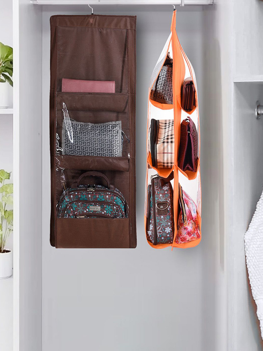 Kuber Industries Brown & Orange 2 Pieces 6 Pocket Multi-Utility Organisers