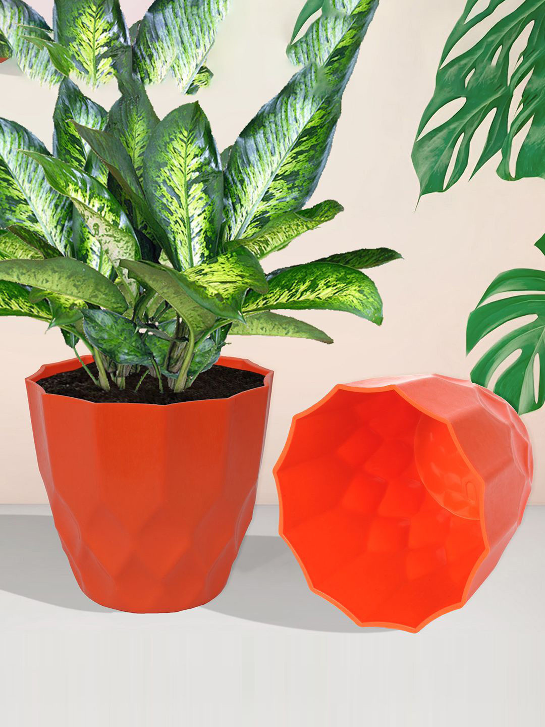 Kuber Industries Orange Pack of 2 Barfi-Design Flower Planters