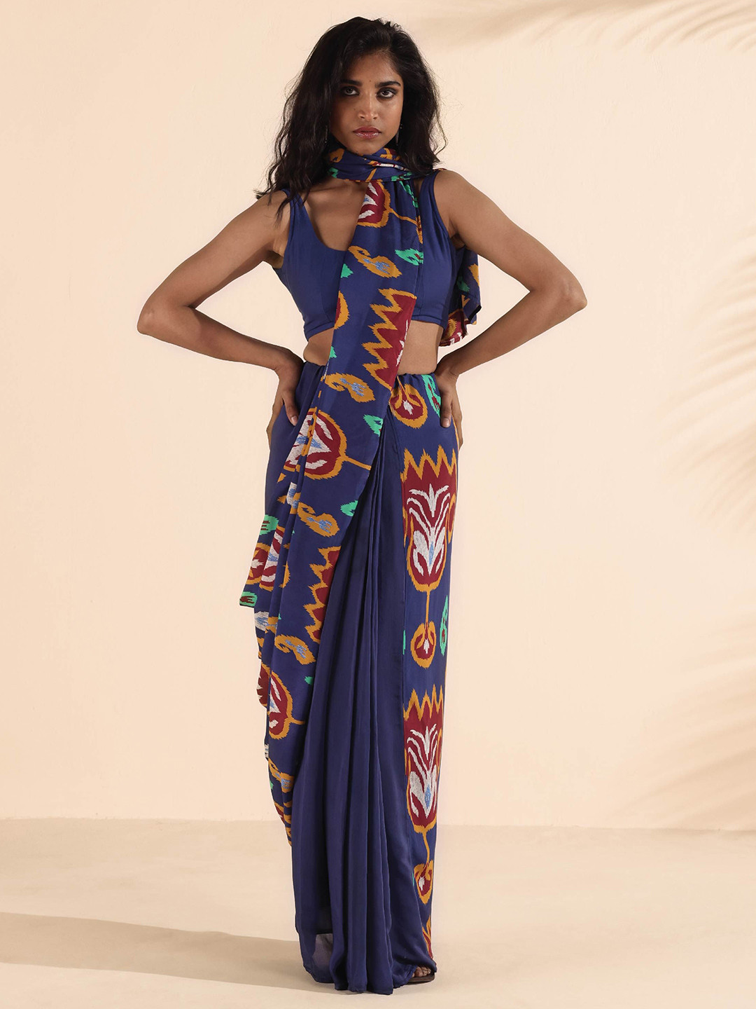 trueBrowns Purple Muslin Ikat Saree