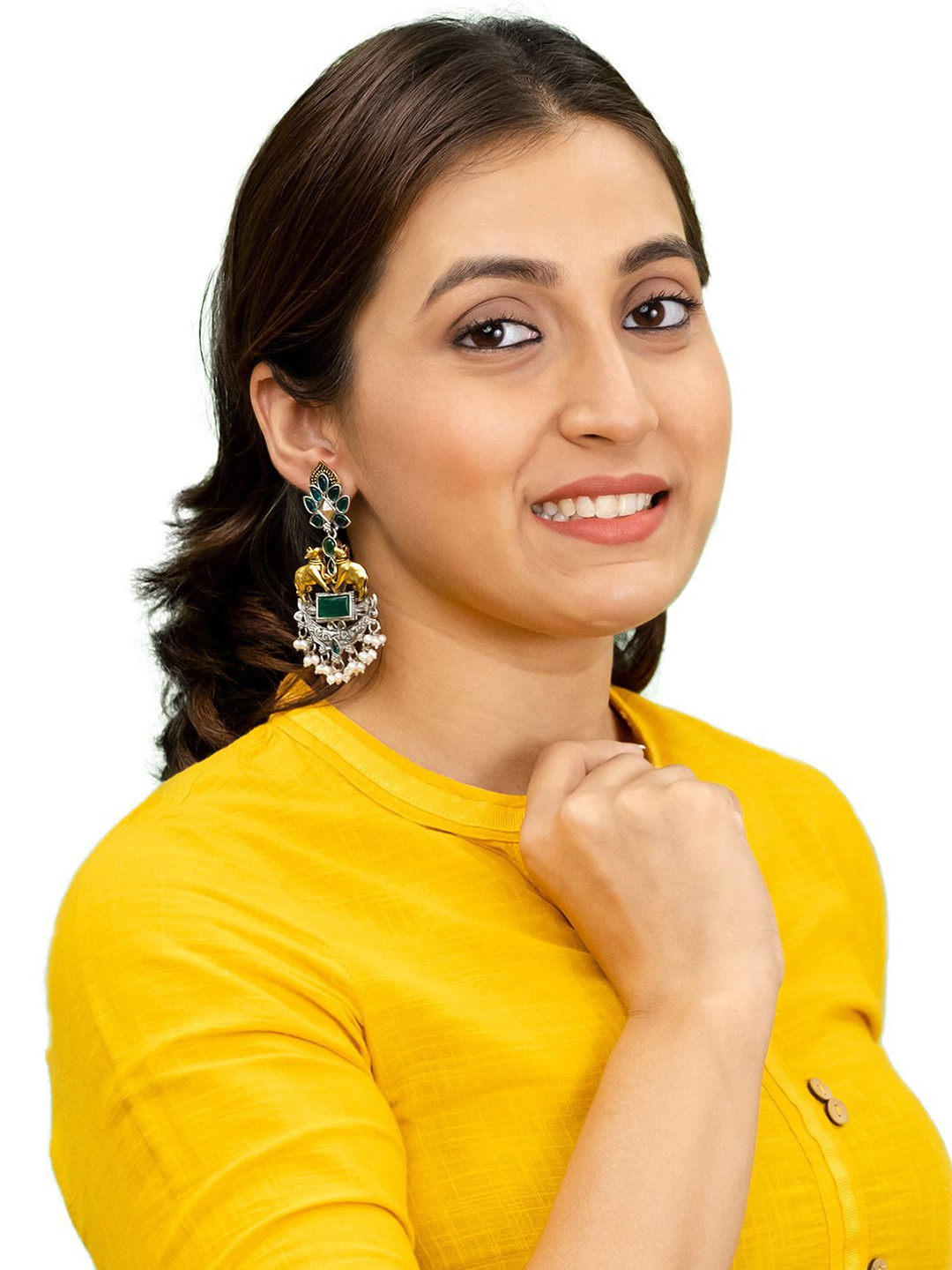 Shining Jewel - By Shivansh Silver-Plated Stones Studded & Beaded Nandi Cow Drop Earrings