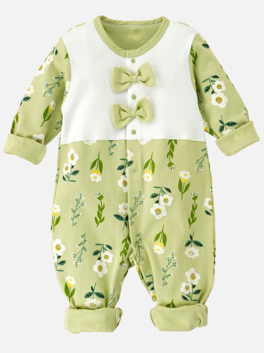 Little Surprise Box LLP Green Bow & Florals Jumpsuit Style Romper For Tiny Toddlers-3-6M