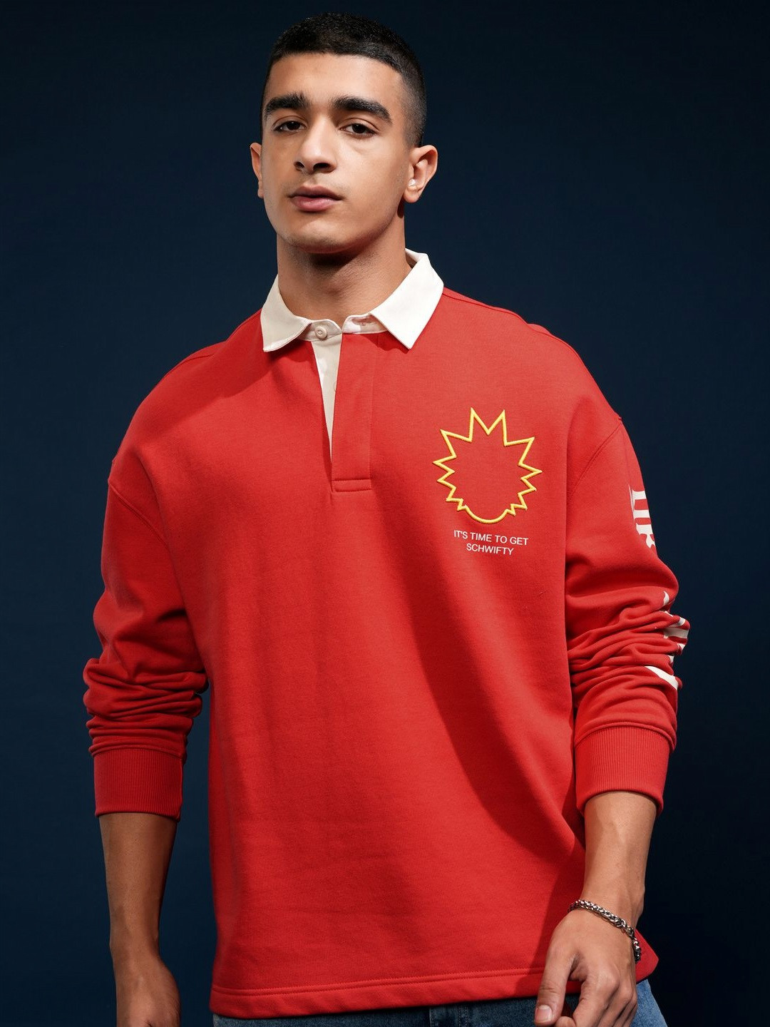 HIGHLANDER Warner Bros Rick & Morty Men Red Oversized Drop Shoulder Seat Polo Collar Tshirt