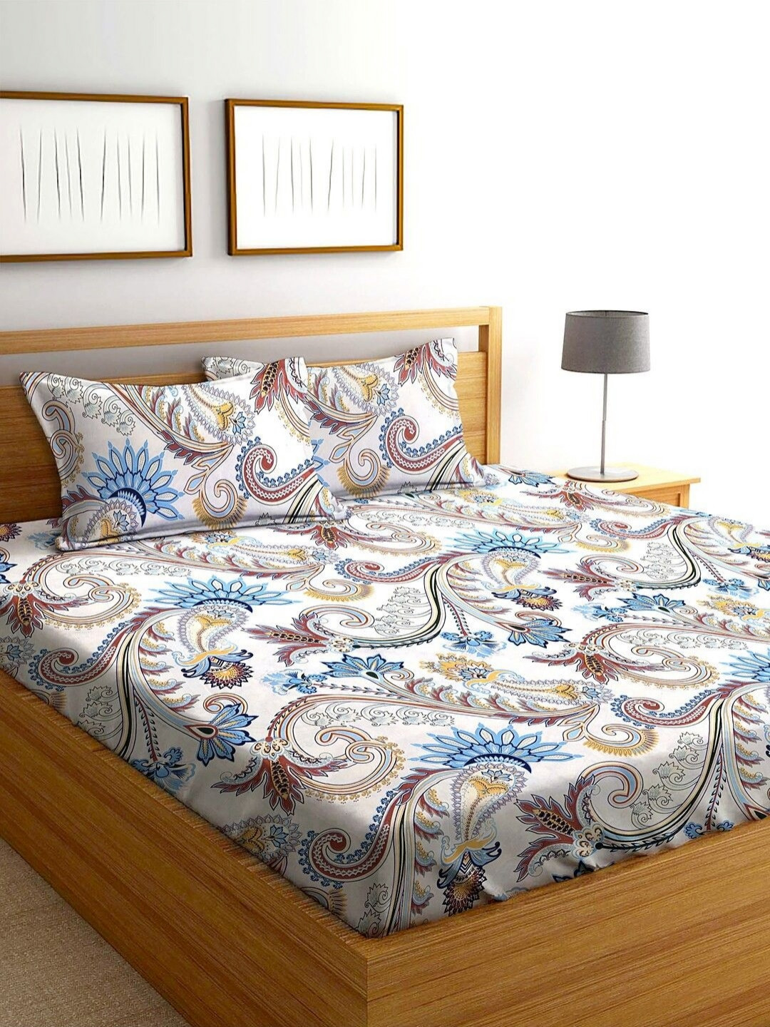THE little BIG STORE Jaipuri White Ethnic Motifs Cotton 260 TC Fitted King Fine Bedsheet with 2 Pillow Covers-182 x 198 cm