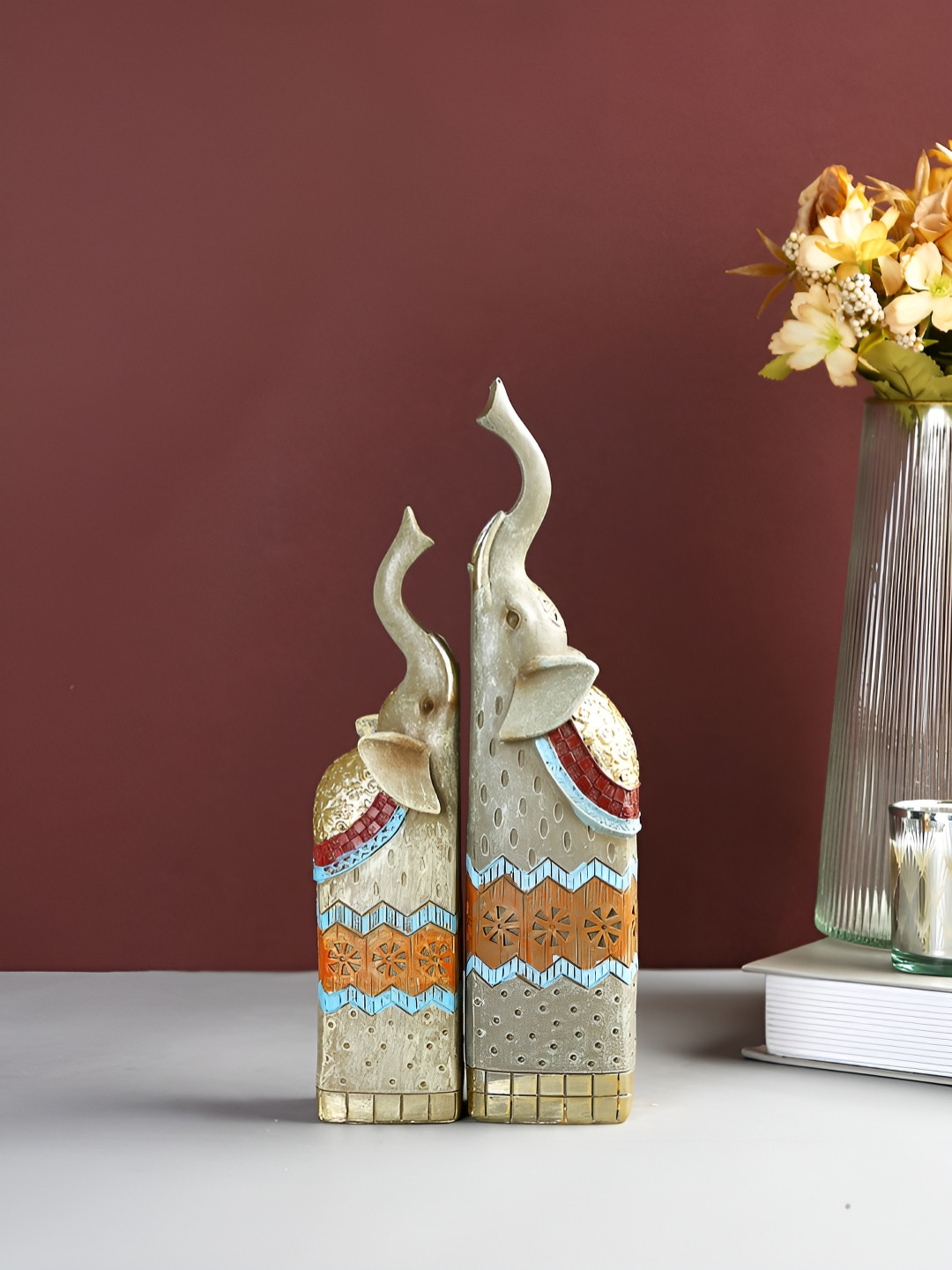 Myntra Elegant Homes Elephant Pair Grey Polyresin Glossy Living Room Set of 2 Medium Showpieces - 8.9 Inches