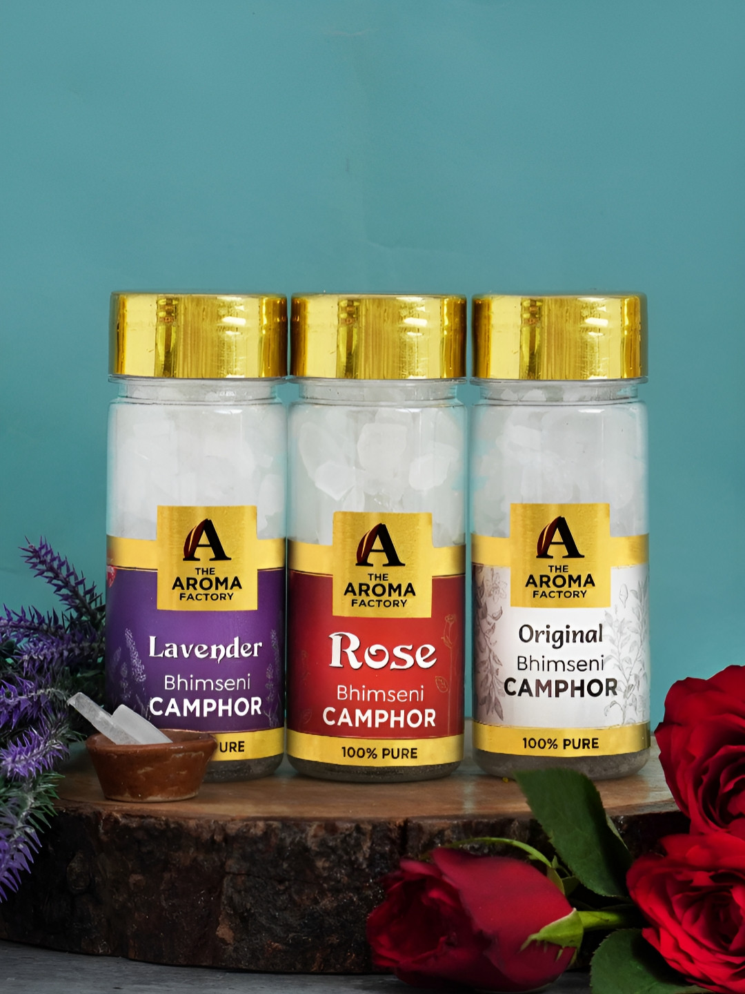 The Aroma Factory 3Pc Lavender, Rose & Original Bhimseni Camphor Box