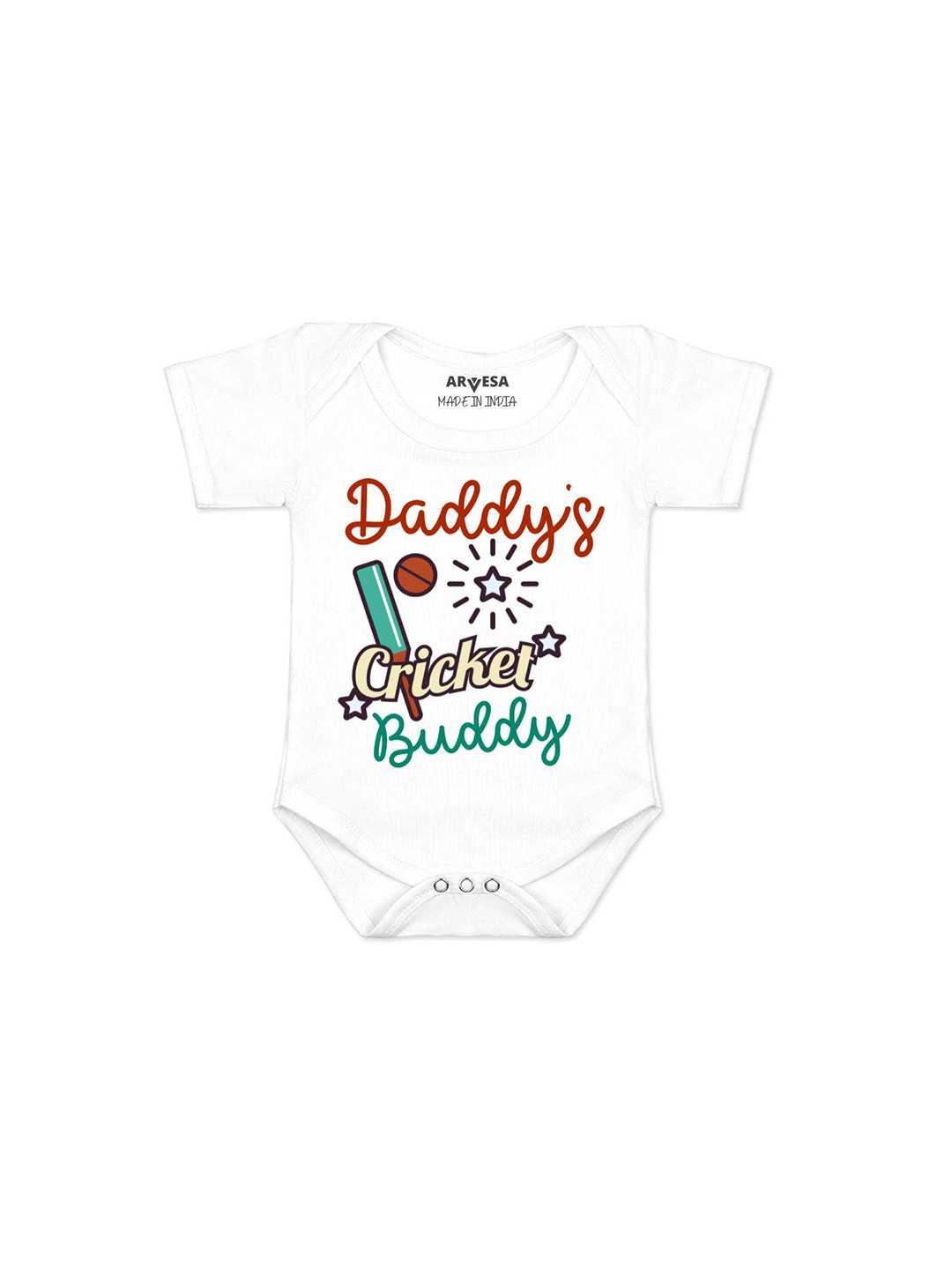 Arvesa Kids Daddy Cricket Buddy Printed Envelope Neck Short Neck Bodysuit