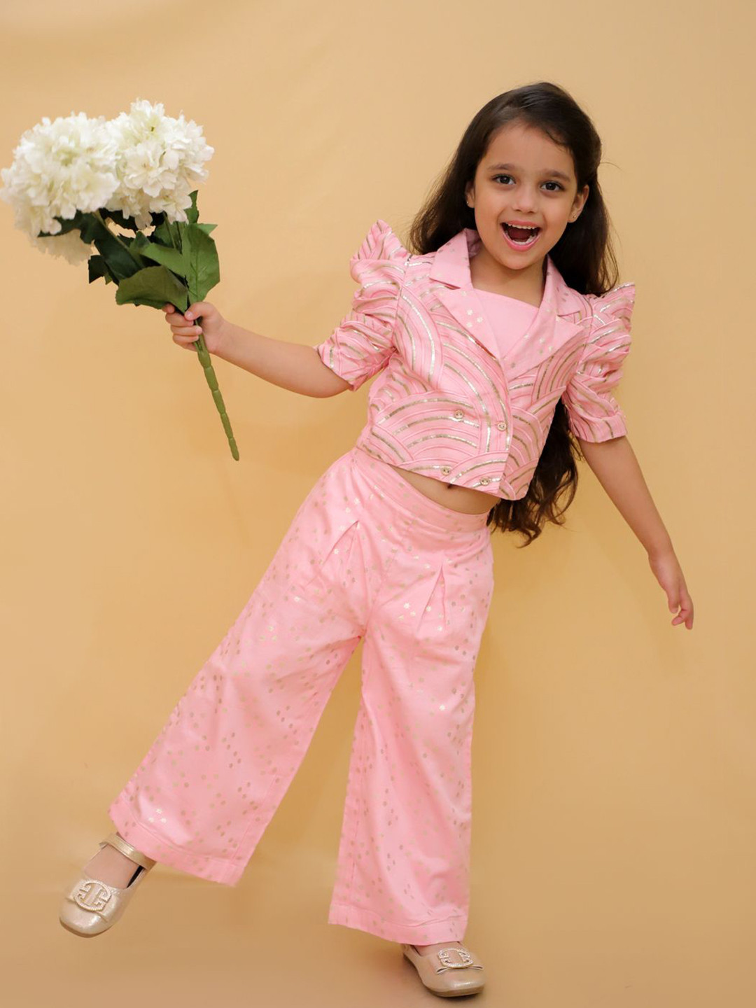 LIL DRAMA Girls Embroidered Lapel Collar Pure Cotton Jacket With Top With Trouser