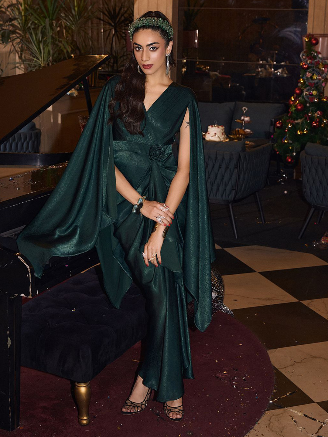 HOUSE OF FETT Embellished Slit Sleeve Satin Maxi Dress