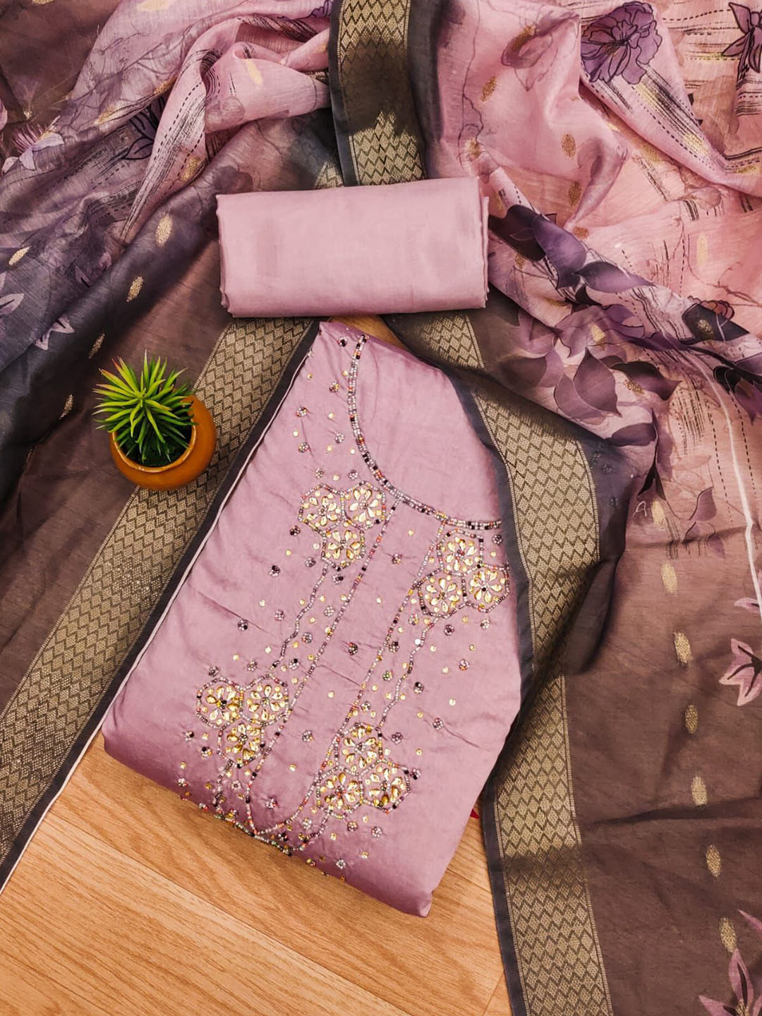 Rangtulika Ethnics Floral Yoke Design Beads And Stone Work Unstitched Dress Material