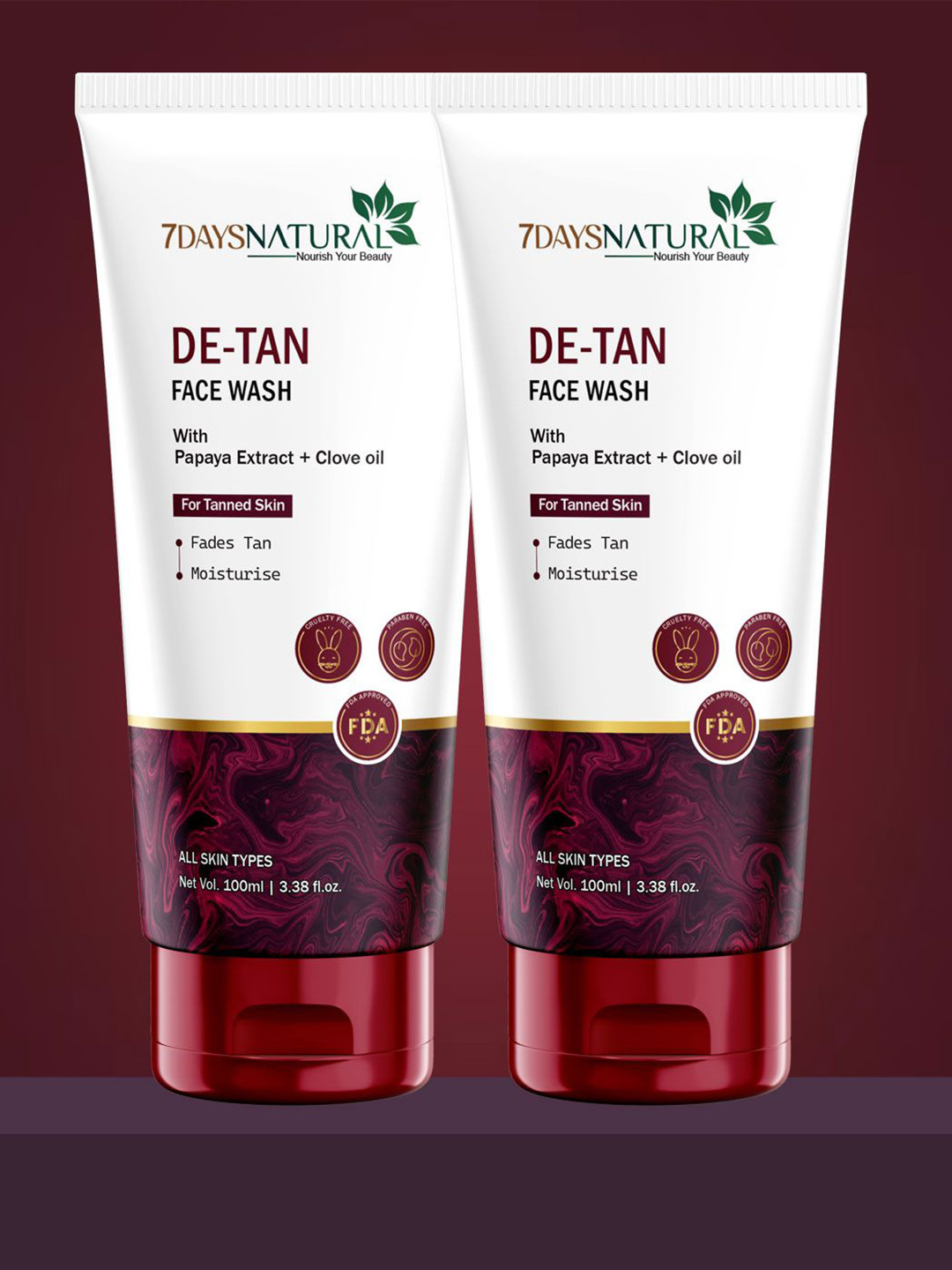 7DAYSNATURAL Natural Set Of 2 De-Tan Face Wash With Papaya Extract & Clove Oil - 100 ml Each